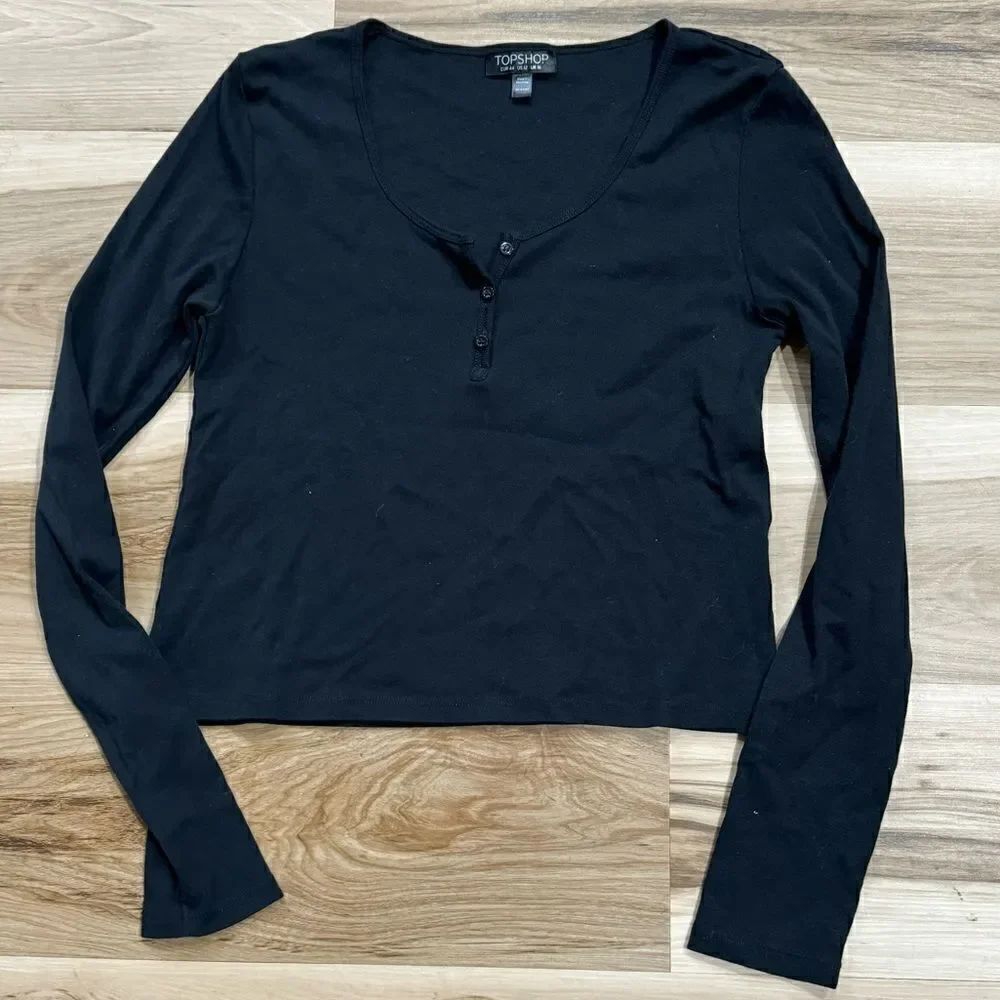 Topshop Black Cropped Henley Top Shirt Long Sleeve Women’s 12